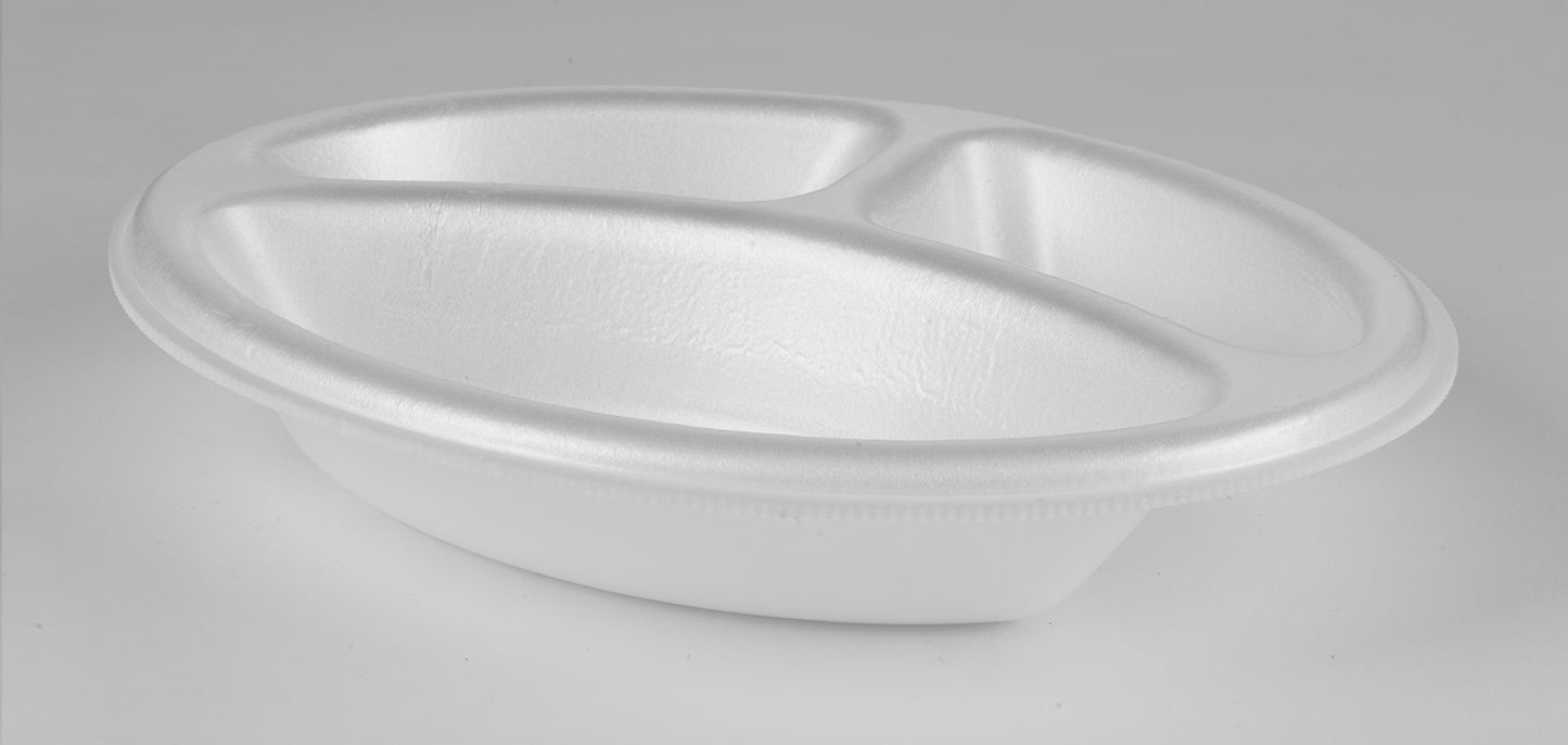 Thermo (ISO) Siegelschale „Trio“  aus Polystyrol-Schaum (XPS), oval, laminiert, weiß und schwarz, 3-teilig, 3-0625, 700 Stück