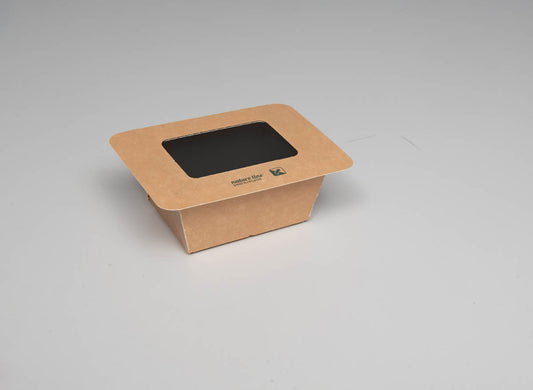 Siegelbare PaperPeel Box aus FSC-Karton, Klappdeckel mit Sichtfenster, 250ml, 75x60x45mm, eckig, außen braun, innen schwarz, 880 Stück