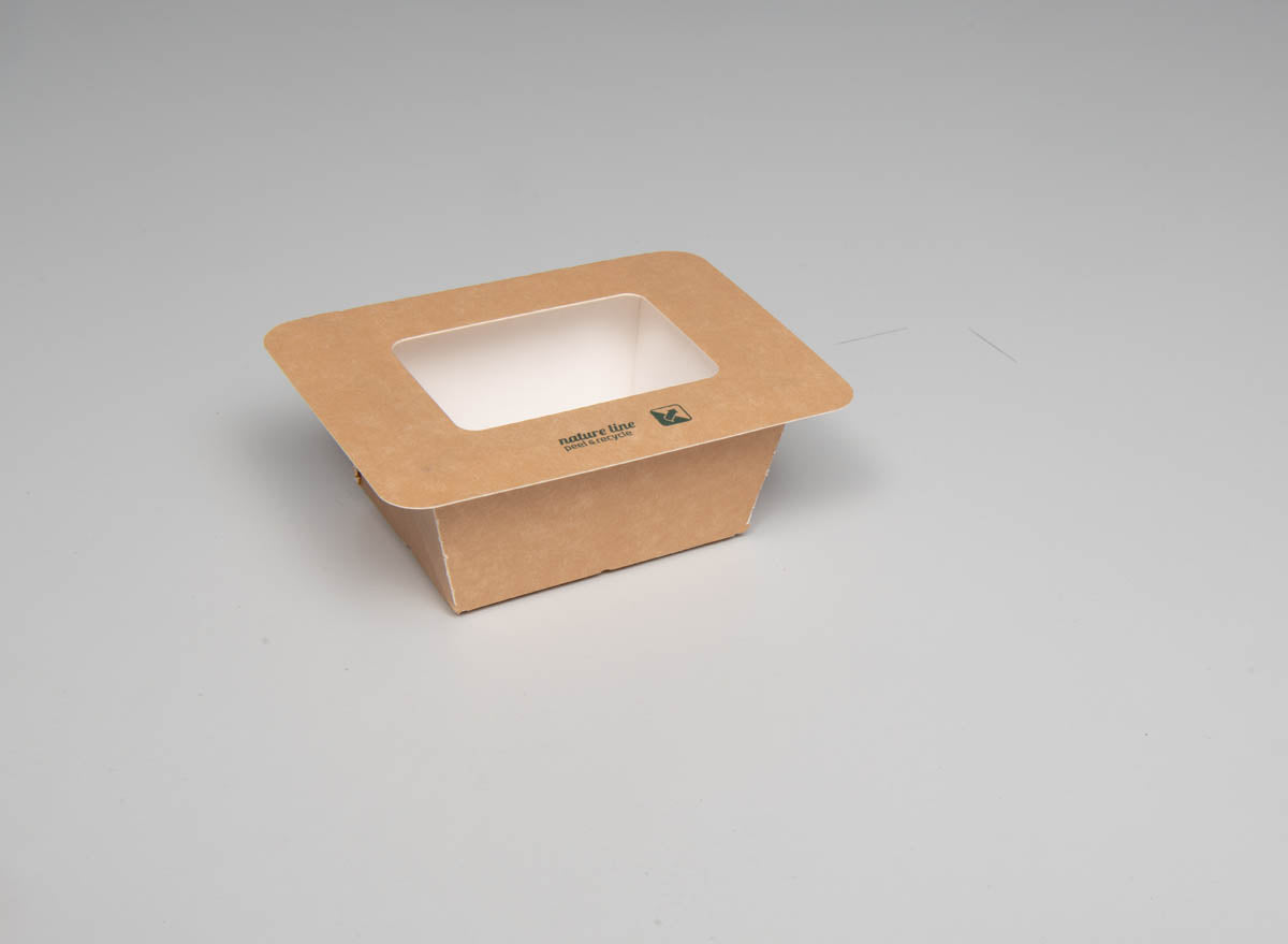 Siegelbare PaperPeel Box aus FSC-Karton, Klappdeckel mit Sichtfenster, 250ml, 75x60x45mm, eckig, außen braun, innen weiß, 880 Stück