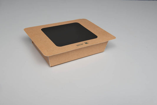 Siegelbare PaperPeel Box aus FSC-Karton, Klappdeckel mit Sichtfenster, 530ml, 110x70x55mm, eckig, außen braun, innen schwarz, 525 Stück