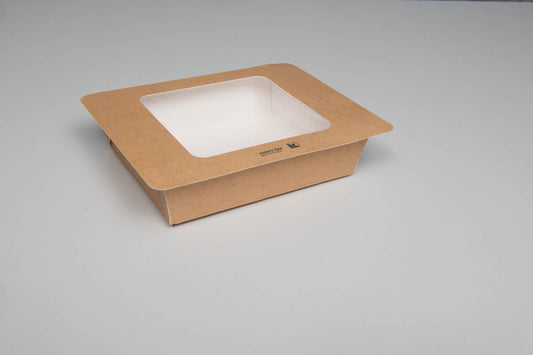 Siegelbare PaperPeel Box aus FSC-Karton, Klappdeckel mit Sichtfenster, 530ml, 110x70x55mm, eckig, außen braun, innen weiß, 525 Stück