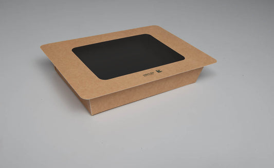 Siegelbare PaperPeel Box aus FSC-Karton, Klappdeckel mit Sichtfenster, 950ml, 154x123x45mm, eckig, außen braun, innen schwarz, 300 Stück