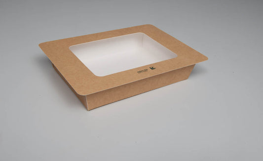 Siegelbare PaperPeel Box aus FSC-Karton, Klappdeckel mit Sichtfenster, 950ml, 154x123x45mm, eckig, außen braun, innen weiß, 300 Stück