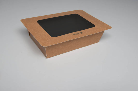 Siegelbare PaperPeel Box aus FSC-Karton, Klappdeckel mit Sichtfenster, 1.250ml, 188x138x45mm, eckig, außen braun, innen schwarz, 360 Stück