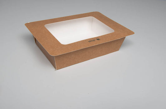 Siegelbare PaperPeel Box aus FSC-Karton, Klappdeckel mit Sichtfenster, 1.250ml, 188x138x45mm, eckig, außen braun, innen weiß, 360 Stück