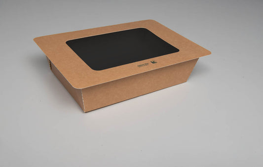 Siegelbare PaperPeel Box aus FSC-Karton, Klappdeckel mit Sichtfenster, 1.500ml, 183x130x58mm, eckig, außen braun, innen schwarz, 320 Stück