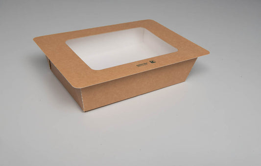 Siegelbare PaperPeel Box aus FSC-Karton, Klappdeckel mit Sichtfenster, 1.500ml, 183x130x58mm, eckig, außen braun, innen weiß,  320 Stück