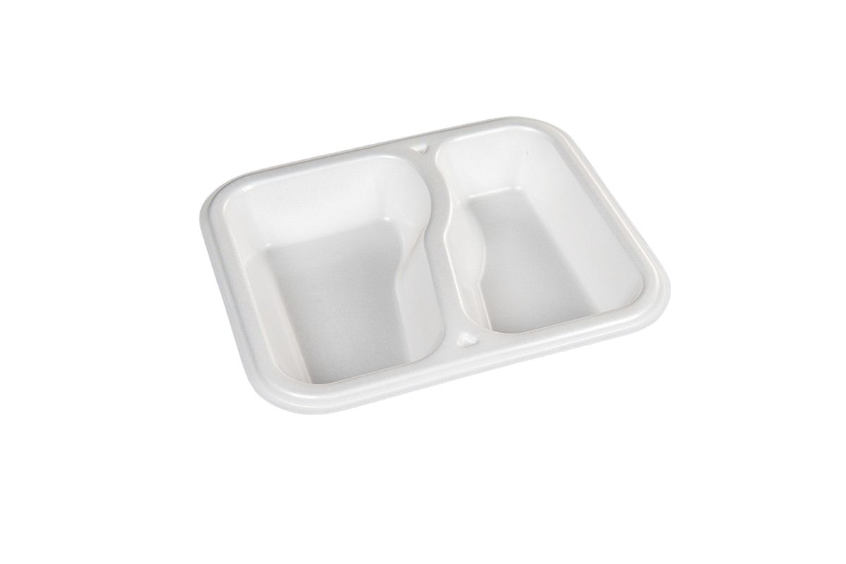 Thermo (ISO) sealing tray made of polystyrene foam (XPS), laminated, white, 2-part, 2-1045 / 613, 500 pieces