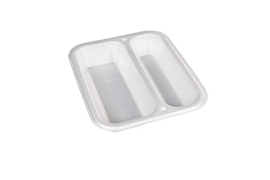 Thermo (ISO) sealing tray made of polystyrene foam (XPS), laminated, white, 2-part, 2-1060 / 605, 500 pieces