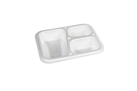 Thermo (ISO) sealing tray made of polystyrene foam (XPS), laminated, white, 3-part, 3-0915 / 615, 800 pieces