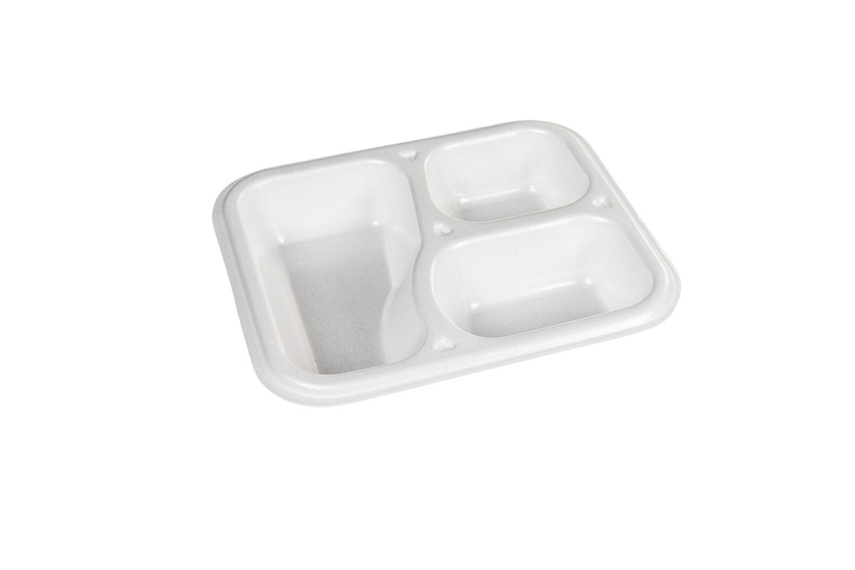 Thermo (ISO) sealing tray made of polystyrene foam (XPS), laminated, white, 3-part, 3-1025 / 607, 500 pieces