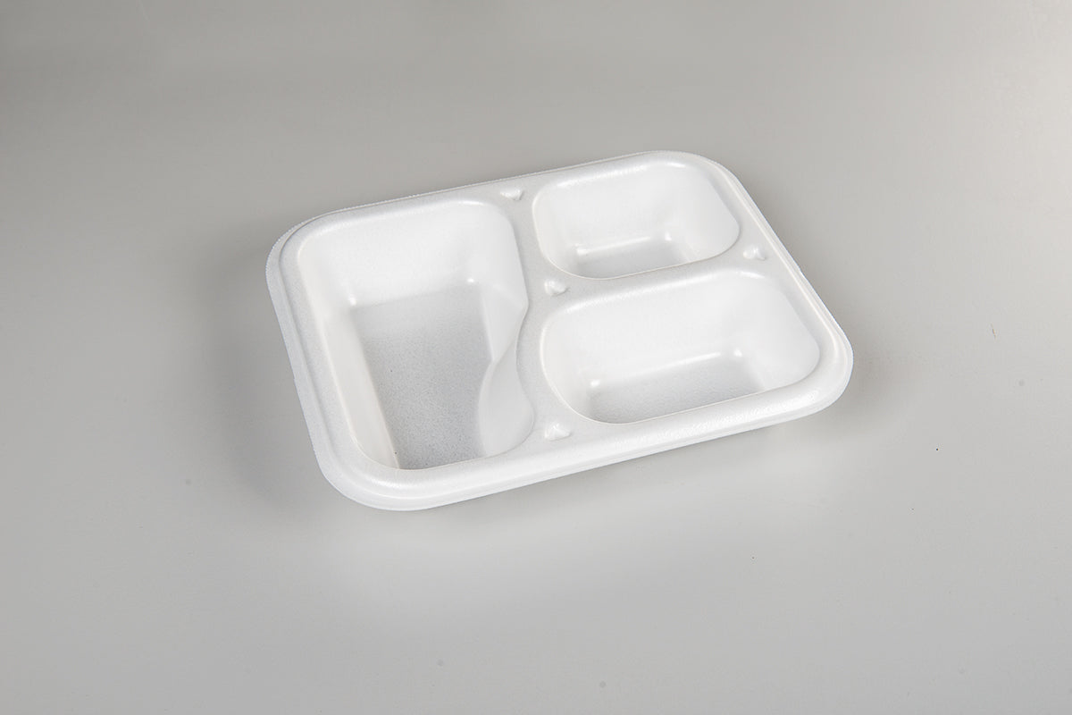 Thermo (ISO) sealing tray made of polystyrene foam (XPS), laminated, white, 3-part, 3-1025 / 607, 500 pieces