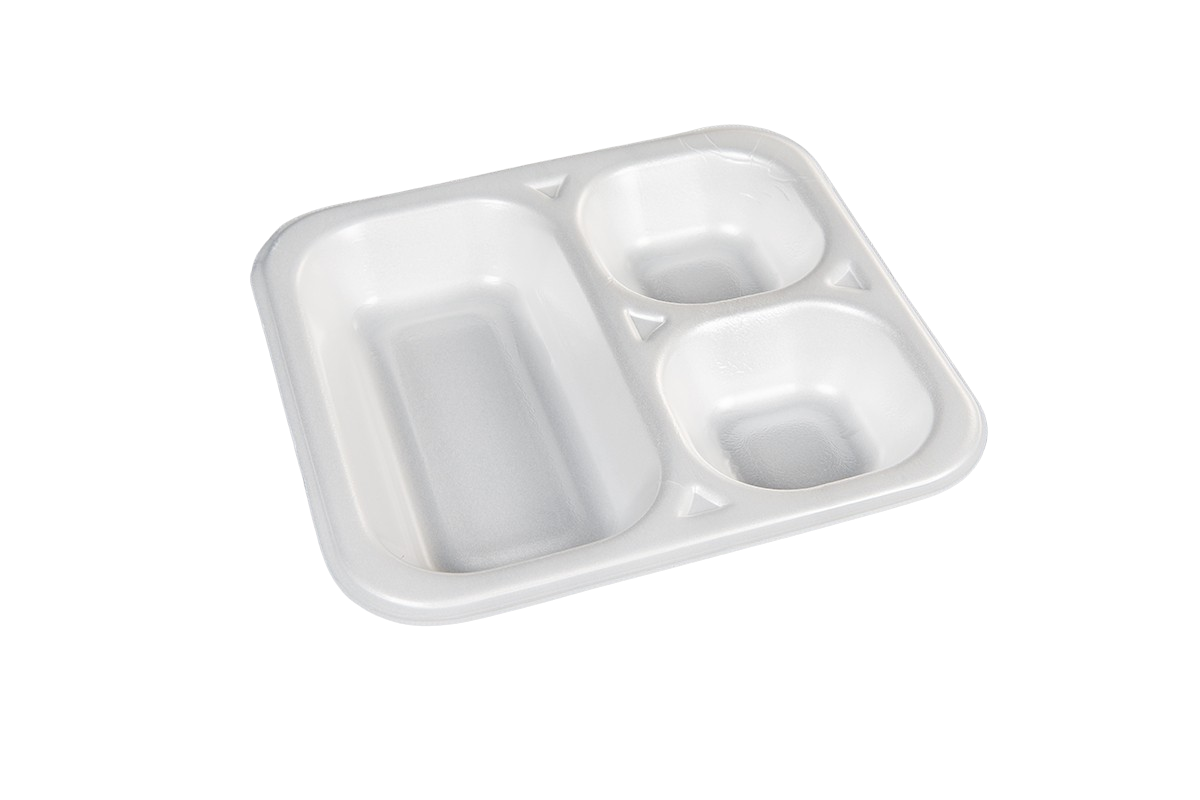 Thermo (ISO) sealing tray made of polystyrene foam (XPS), laminated, white, 3-part, 3-1330 / 603, 500 pieces