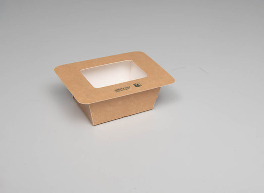 Siegelbare PaperPeel Box aus FSC-Karton, Klappdeckel mit Sichtfenster, 250ml, 75x60x45mm, eckig, außen braun, innen weiß, 880 Stück