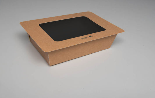 Siegelbare PaperPeel Box aus FSC-Karton, Klappdeckel mit Sichtfenster, 1.500ml, 183x130x58mm, eckig, außen braun, innen schwarz, 320 Stück